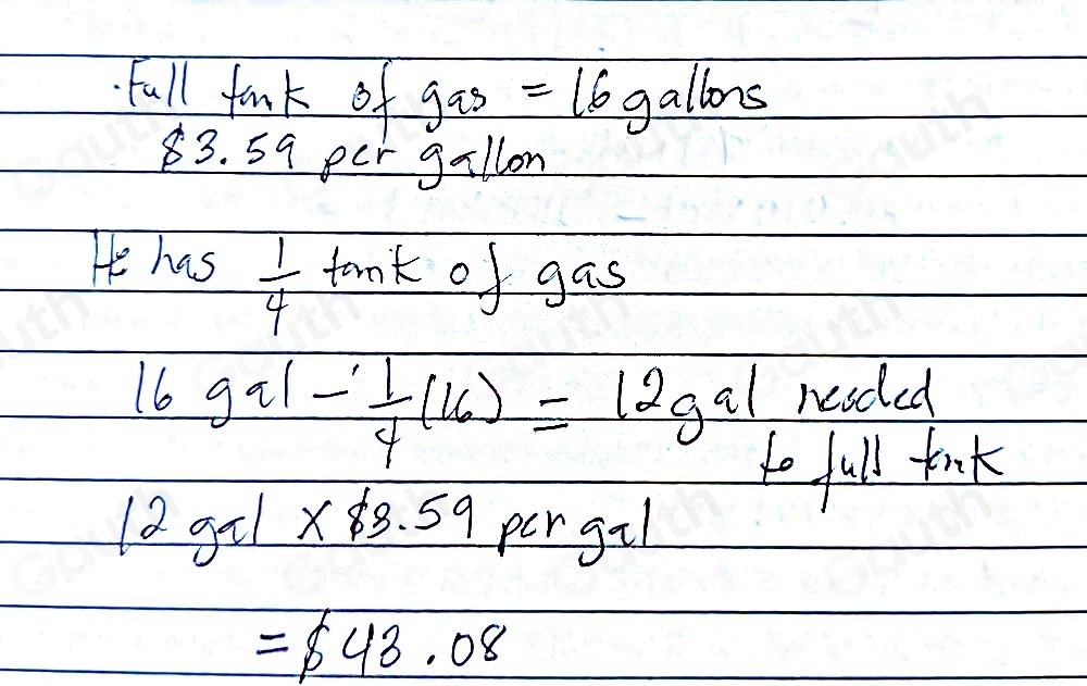 Solved: Mike has under 1/4 of a tank of gas, and he decides to fill up ...