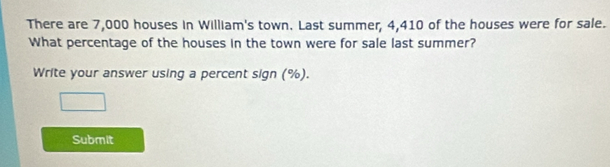 There are 7,000 houses in William's town. Last summer, 4,410 of the houses were for sale. 
What percentage of the houses in the town were for sale last summer? 
Write your answer using a percent sign (%). 
Submit