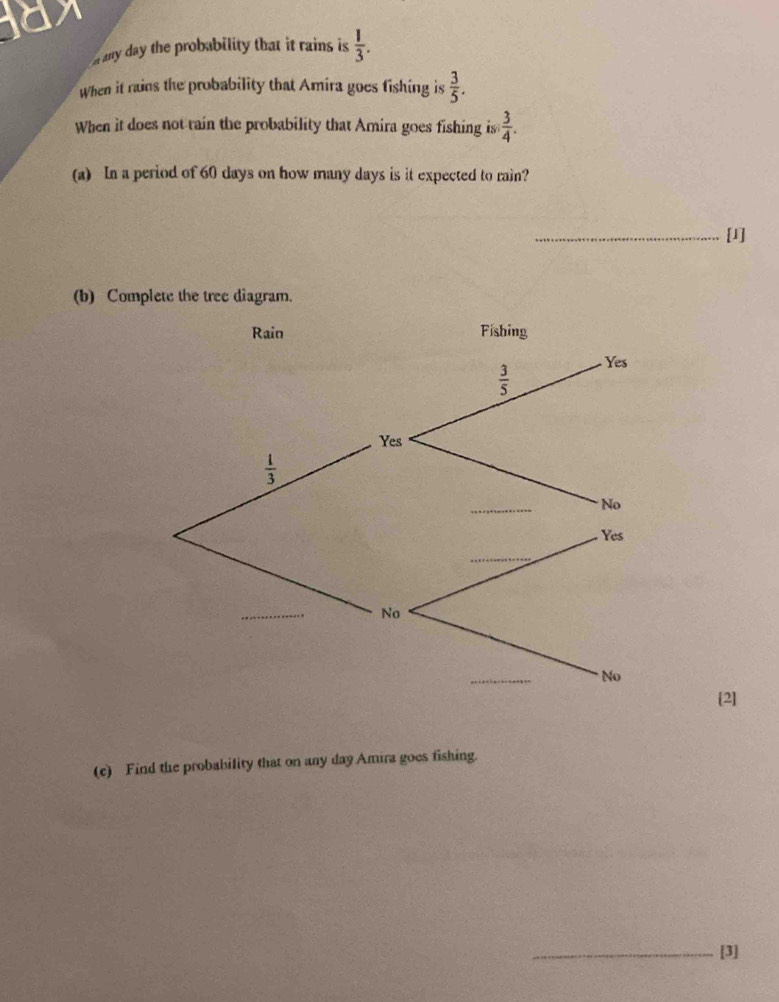 any day the probability that it rains is  1/3 .
When it rains the probability that Amira goes fishing is  3/5 .
When it does not rain the probability that Amira goes fishing is  3/4 .
(a) In a period of 60 days on how many days is it expected to rain?
_[1]
(b) Complete the tree diagram.
[2]
(c) Find the probability that on any day Amira goes fishing.
_[3]