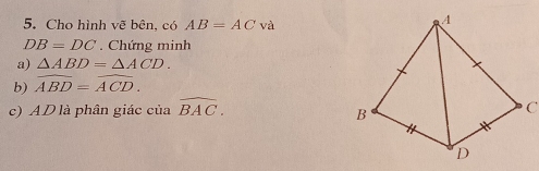 Cho hình vẽ bên, có AB=AC và
DB=DC. Chứng minh 
a) △ ABD=△ ACD. 
b) widehat ABD=widehat ACD. 
c) AD là phân giác của widehat BAC.