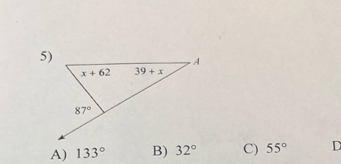 A) 133° B) 32° C) 55° D