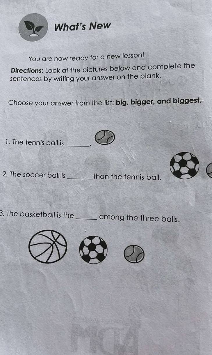 What's New 
You are now ready for a new lesson! 
Directions: Look at the pictures below and complete the 
sentences by writing your answer on the blank. 
Choose your answer from the list: big, bigger, and biggest. 
1. The tennis ball is __. 
2. The soccer ball is _than the tennis ball. 
3. The basketball is the_ among the three balls.