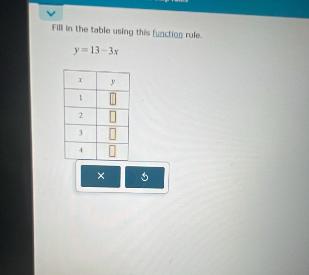 Fill in the table using this function rule.
y=13-3x
×