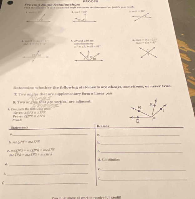 PROOFS 
Proving Angle Relationships 
F ind the msssure of each numbered angle and name the theorems that justify your work. 
L m∠ 3=69° 2. m∠ 5=22° 3. m∠ 1=38°
1 a 
5 6 
4. m∠ 13=(4x+11)^circ . 5. ∠ 9 and ∠ 10 are 6. m∠ 2=(4x-26)^circ ,
m∠ 14=(3x+1)^circ  complementary. m∠ 3=(3x+4)^circ 
∠ 7 ∠ 9, m∠ 8=41°
2 
I 
Determine whether the following statements are always, sometimes, or never true. 
7. Two angles that are supplementary form a linear pair. 
8. Two angles that are vertical are adjacent. 
9, Complete the following proof. 
Given: ∠ QPS≌ ∠ TPR
Prove: ∠ QPR≌ ∠ TPS
Proof: 
Statements Reasons_ 
a. 
_ 
a._ 
b, m∠ QPS=m∠ TPR b._ 
c. m∠ QPS=m∠ QPR+m∠ RPS
c._
m∠ TPR=m∠ TPS+m∠ RPS
d. Substitution 
d._ 
e,_ 
e. 
_ 
f._ 
_L 
You must show all work to receive full credit!