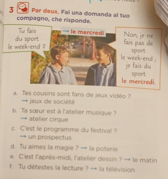 Par deux. Fai una domanda al tuo 
compagno, che risponde. 
a. Tes cousins sont fans de jeux vidéo ? 
→ jeux de société 
b. Ta sœur est à l'atelier musique ? 
→ atelier cirque 
c. C'est le programme du festival ? 
un prospectus 
d. Tu aimes la magie ? → la poterie 
e. C'est l'après-midi, l'atelier dessin ? → le matin 
f. Tu détestes la lecture ? → la télévision