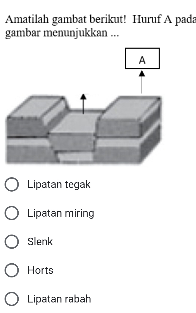 Amatilah gambat berikut! Huruf A pada
gambar menunjukkan ...
Lipatan tegak
Lipatan miring
Slenk
Horts
Lipatan rabah