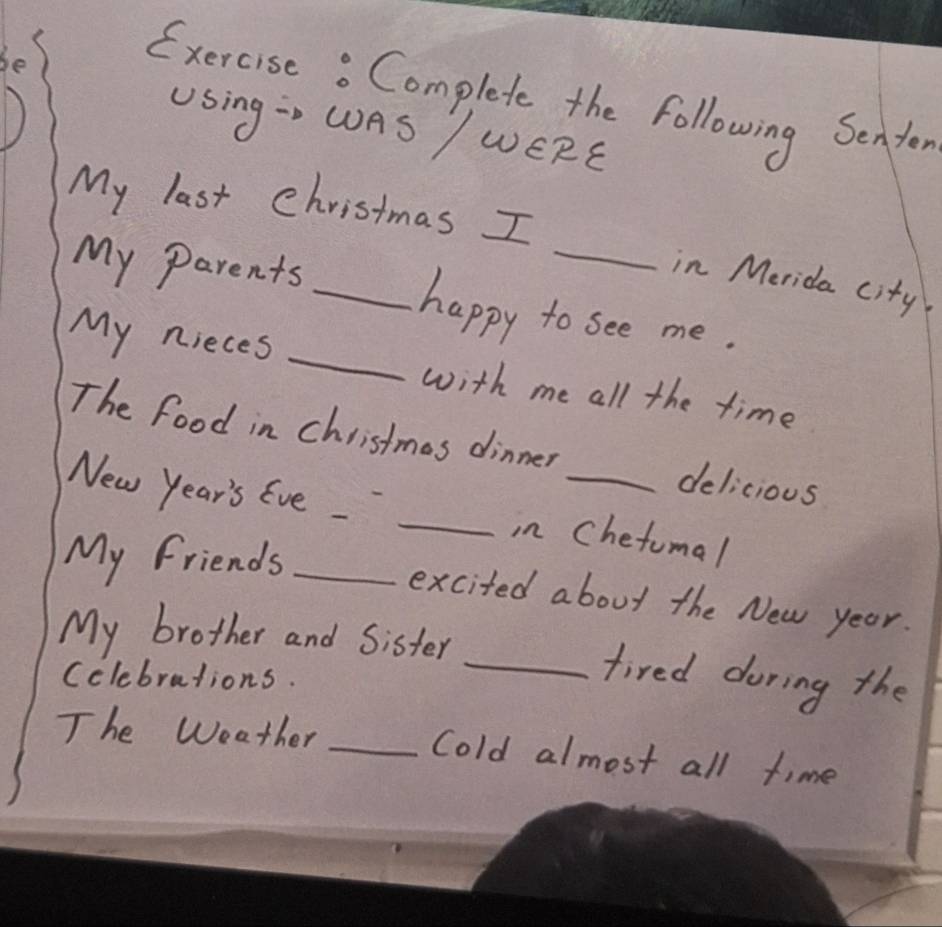 be 
Exercise : Complete the following Senyer 
) 
Using: WAS / WERE 
My last Christmas I 
in Merida city 
My parents _happy to see me. 
My nieces _with me all the time 
The food in christmes dinner delicious 
New year's Eve __in chetomal 
My friends_ 
excited about the New year. 
My brother and Sister _tired during the 
Cclebrations. 
The Weather _Cold almost all time