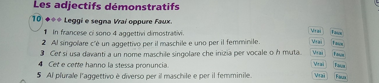 Les adjectifs démonstratifs
10 Leggi e segna Vrai oppure Faux. 
Vrai 
1 In francese ci sono 4 aggettivi dimostrativi. Faux 
2 Al singolare c’è un aggettivo per il maschile e uno per il femminile. 
Vrai Faux 
3 Cet si usa davanti a un nome maschile singolare che inizia per vocale o h muta. Vrai Faux 
Vrai 
4 Cet e cette hanno la stessa pronuncia. Faux 
5 Al plurale l’aggettivo è diverso per il maschile e per il femminile. Vrai Faux