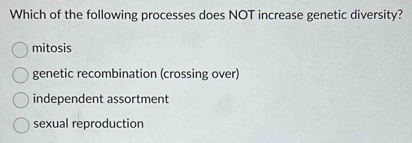 Which of the following processes does NOT increase genetic diversity?
mitosis
genetic recombination (crossing over)
independent assortment
sexual reproduction