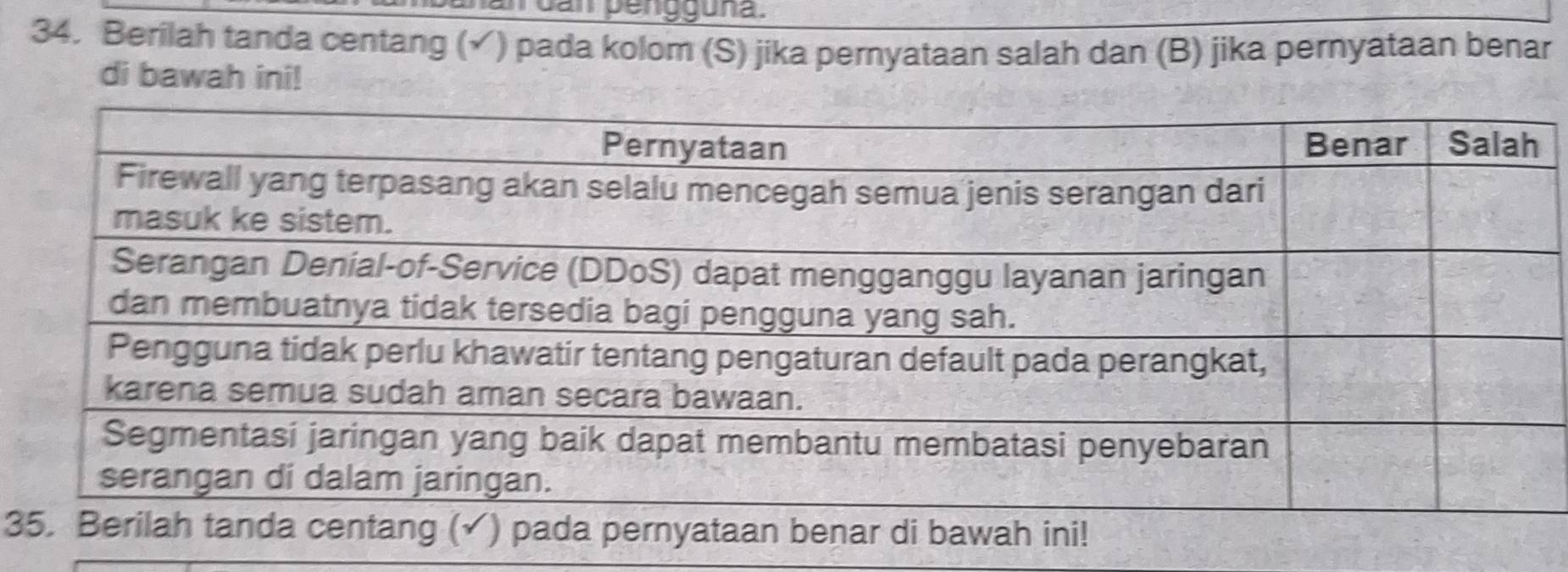 Dam bengguna 
34. Berilah tanda centang (√) pada kolom (S) jika pernyataan salah dan (B) jika pernyataan benar 
di bawah ini! 
3