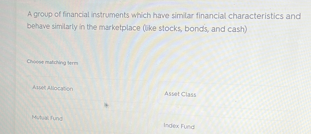 A group of financial instruments which have similar financial characteristics and
behave similarly in the marketplace (like stocks, bonds, and cash)
Choose matching term
Asset Allocation Asset Class
Mutual Fund Index Fund