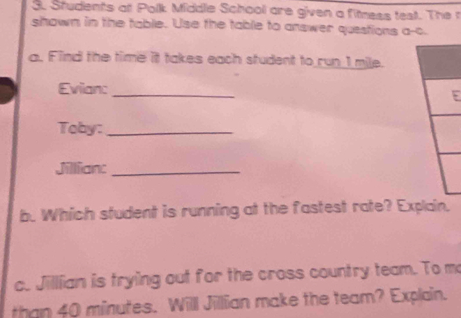 Students at Polk Middle School are given a fitness test. The r 
shown in the table. Use the table to answer questions a-c. 
a. Find the time it takes each student to run 1 mile. 
Evianc_ 
Toby:_ 
Jillian:_ 
b. Which student is running at the fastest rate? Explain. 
c. Jillian is trying out for the cross country team. To mo 
than 40 minutes. Will Jillian make the team? Explain.