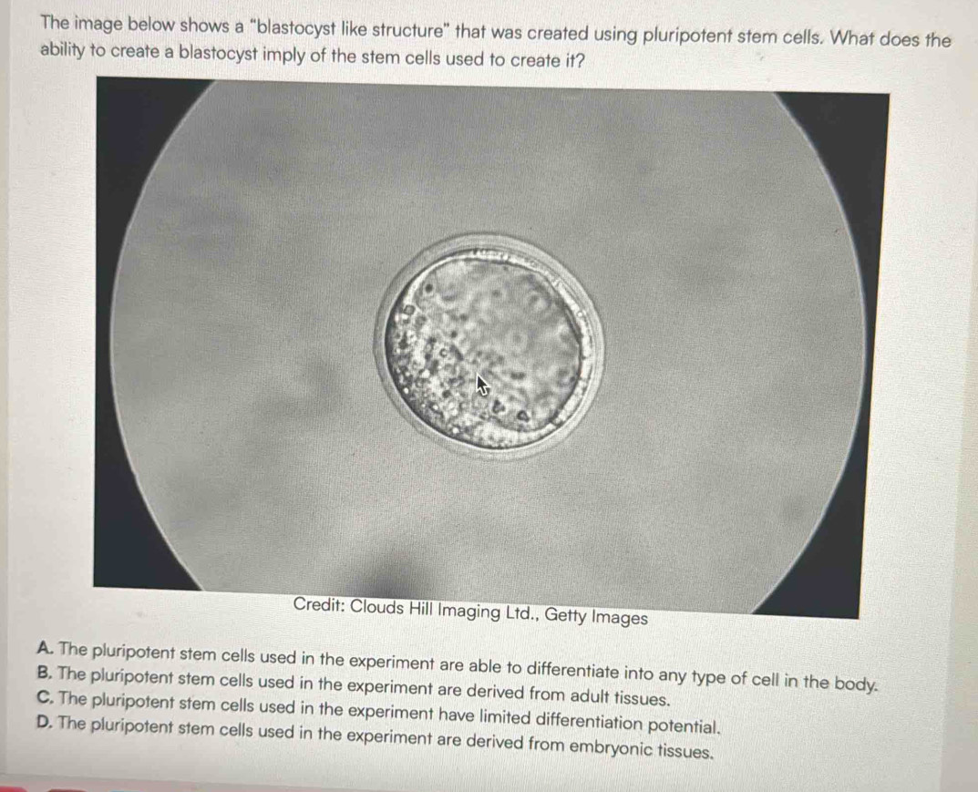 The image below shows a “blastocyst like structure” that was created using pluripotent stem cells. What does the
ability to create a blastocyst imply of the stem cells used to create it?
A. The pluripotent stem cells used in the experiment are able to differentiate into any type of cell in the body.
B. The pluripotent stem cells used in the experiment are derived from adult tissues.
C. The pluripotent stem cells used in the experiment have limited differentiation potential.
D. The pluripotent stem cells used in the experiment are derived from embryonic tissues.