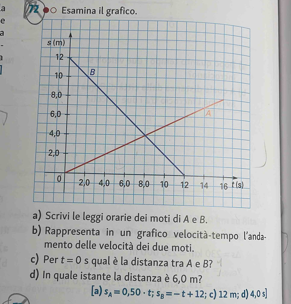 a 72 00 Esamina il grafico.
e
a
a) Scrivi le leggi orarie dei moti di A e B.
b) Rappresenta in un grafico velocità-tempo l'anda-
mento delle velocità dei due moti.
c) Per t=0 s qual è la distanza tra A e B?
d) In quale istante la distanza è 6,0 m?
[a) s_A=0,50· t;s_B=-t+12; c) 12 m; d) 4,0 s]