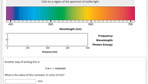 Click on a region of the spectrum of visible light. 
Wavelength (nm) 
Frequency: 
avelength: 
on Energy: 
Distance (nm) 
Another way of writing this is
lambda · v= constant 
What is the value of this constant, in units of m/s?
3x_ □ m/s