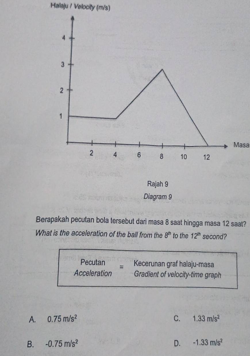 Halaju / Velocity (m/s)
Masa
Rajah 9
Diagram 9
Berapakah pecutan bola tersebut dari masa 8 saat hingga masa 12 saat?
What is the acceleration of the ball from the 8^(th) to the 12^(th) second?
Pecutan g Kecerunan graf halaju-masa
Acceleration Gradient of velocity-time graph
A. 0.75m/s^2 C. 1.33m/s^2
B. -0.75m/s^2 D. -1.33m/s^2