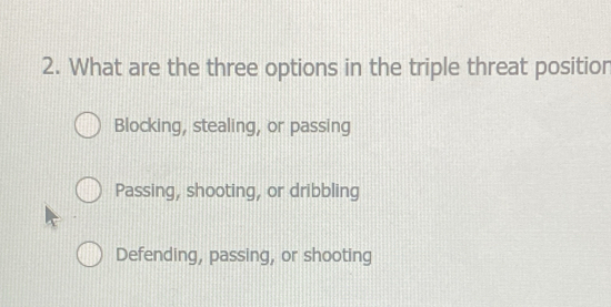 What are the three options in the triple threat positior
Blocking, stealing, or passing
Passing, shooting, or dribbling
Defending, passing, or shooting