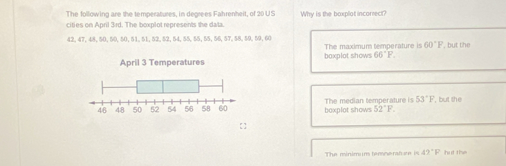 The following are the temperatures, in degrees Fahrenheit, of 20 US Why is the boxplot incorrect?
cities on April 3rd. The boxplot represents the data.
42, 47, 48, 50, 50, 50, 51, 51, 52, 52, 54, 55, 55, 55, 56, 57, 58, 59, 59, 60
The maximum temperature is 60°F , but the
boxplot shows 66°F. 
April 3 Temperatures
The median temperature is 53°F , but the
46 48 50 52 54 56 58 60 boxplot shows 52°F.
The minimum temnerature is 42°F hut the