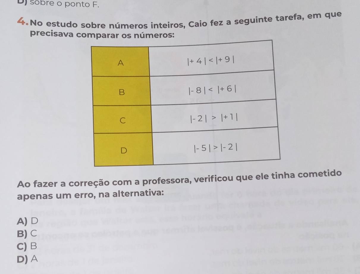 D. sobre o ponto F.
4. No estudo sobre números inteiros, Caio fez a seguinte tarefa, em que
precisava comparar os números:
Ao fazer a correção com a professora, verificou que ele tinha cometido
apenas um erro, na alternativa:
A) D
B) C
C) B
D) A