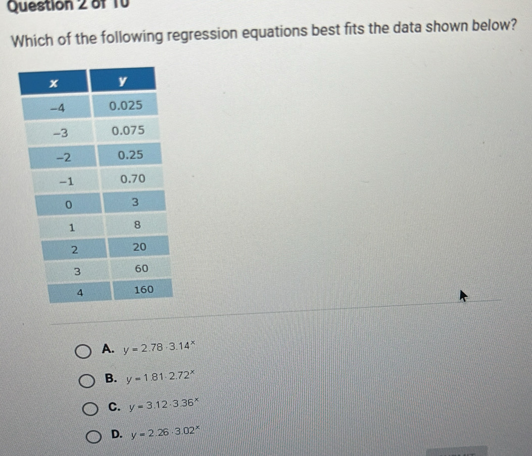 Which of the following regression equations best fits the data shown below?
A. y=2.78· 3.14^x
B. y=1.81· 2.72^x
C. y=3.12· 3.36^x
D. y=2.26· 3.02^x