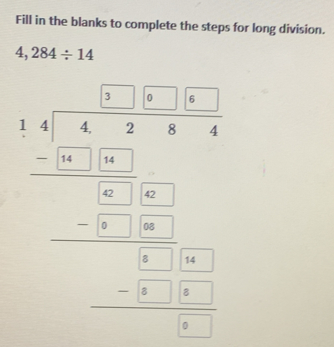 Fill in the blanks to complete the steps for long division.
4,284/ 14
beginarrayr 1beginarrayr 1.555-5.5 -□ □ .□ □  -□ □ □  hline □ □ □  -□ □ □  hline □ □ □ endarray