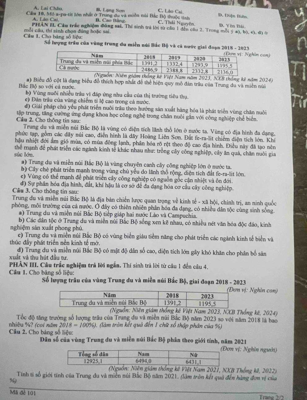 A. Lai Châu, B. Lạng Sơn
C. Lào Cai, D. Điện Biên.
Câu 10. Mô a-pa-tit lớn nhất ở Trung du và miền núi Bắc Bộ thuộc tính D. Yên Bái,
A. Lão Cai. B. Cao Bằng. C. Thái Nguyên.
PHÀN II. Câu trắc nghiệm đúng sai. Thí sinh trả lời từ câu 1 đến câu 2. Trong mỗi ý a), b), c), đ) ở
mỗi cầu, thí sinh chọn đúng hoặc sai.
Câu 1. Cho bảng số liệu:
Số lượng trâu của vùng trung du miền núi Bắc Bộ và cả nước giai đoạn 2018 - 2023
ìn con)
ệt Nam năm 2023, NXB thống kê năm 2024)
a) Biểu đồ cột là dạng biểu đồ thích hợp nhất để thể hiện quy mô đàn trâu của Trung du và miền núi
Bắc Bộ so với cả nước.
b) Vùng nuôi nhiều trâu vì đáp ứng nhu cầu của thị trường tiêu thụ.
c) Đàn trâu của vùng chiếm tỉ lệ cao trong cả nước.
d) Giải pháp chủ yếu phát triển nuôi trâu theo hướng sản xuất hàng hóa là phát triển vùng chăn nuôi
tập trung, tăng cường ứng dụng khoa học công nghệ trong chăn nuôi gắn với công nghiệp chế biến.
Câu 2. Cho thông tin sau:
Trung du và miền núi Bắc Bộ là vùng có diện tích lãnh thổ lớn ở nước ta. Vùng có địa hình đa dạng,
phức tạp, gồm các dãy núi cao, điển hình là dãy Hoàng Liên Sơn. Đất fe-ra-lit chiếm diện tích lớn. Khí
hậu nhiệt đới ẩm gió mùa, có mùa đông lạnh, phân hóa rõ rệt theo độ cao địa hình. Điều này đã tạo nên
thể mạnh để phát triển các ngành kinh tế khác nhau như: trồng cây công nghiệp, cây ăn quả, chăn nuôi gia
súc lớn.
a) Trung du và miền núi Bắc Bộ là vùng chuyên canh cây công nghiệp lớn ở nước ta
b) Cây chè phát triển mạnh trong vùng chủ yếu do lãnh thổ rộng, diện tích đất fe-ra-lit lớn.
c) Vùng có thế mạnh để phát triển cây công nghiệp có nguồn gốc cận nhiệt và ôn đới.
d) Sự phân hóa địa hình, đất, khí hậu là cơ sở để đa dạng hóa cơ cấu cây công nghiệp.
Câu 3. Cho thông tin sau:
Trung du và miền núi Bắc Bộ là địa bàn chiến lược quan trọng về kinh tế - xã hội, chính trị, an ninh quốc
phòng, môi trường của cả nước. Ở đây có thiên nhiên phân hóa đa dạng, có nhiều dân tộc cùng sinh sống.
a) Trung du và miền núi Bắc Bộ tiếp giáp hai nước Lào và Campuchia.
b) Các dân tộc ở Trung du và miền núi Bắc Bộ sống xen kẽ nhau, có nhiều nét văn hóa độc đáo, kinh
nghiệm sản xuất phong phú.
c) Trung du và miền núi Bắc Bộ có vùng biển giàu tiềm năng cho phát triển các ngành kinh tế biển và
thúc đầy phát triển nền kinh tế mở.
d) Trung du và miền núi Bắc Bộ có mật độ dân số cao, diện tích lớn gây khó khăn cho phân bố sản
xuất và thu hút đầu tư.
PHÀN III. Câu trắc nghiệm trả lời ngắn. Thí sinh trả lời từ câu 1 đến câu 4.
Câu 1. Cho bảng số liệu:
Số lượng trâu của vùng Trung du và miền núi Bắc Bộ, giai đoạn 2018 - 2023
vị: Nghìn con)
(Nguồn: Niên giám thống kê Việt Nam 2023, NXB Thống kê, 2024)
Tốc độ tăng trưởng số lượng trâu của Trung du và miền núi Bắc Bộ năm 2023 so với năm 2018 là bao
nhiêu %? (coi năm 2018=100% ) 0. (làm tròn kết quả đến 1 chữ số thập phân của %)
Câu 2. Cho bảng số liệu:
Dân số của vùng Trung du và miền núi Bắc Bộ phân theo giới tính, năm 2021
vị: Nghìn người)
giám thống kê Việt Nam 2021, NXB Thống kê, 2022)
Tính tỉ số giới tính của Trung du và miền núi Bắc Bộ năm 2021. (làm tròn kết quả đến hàng đơn vị của
%)
_
Mã đề 101
Trang 2/2