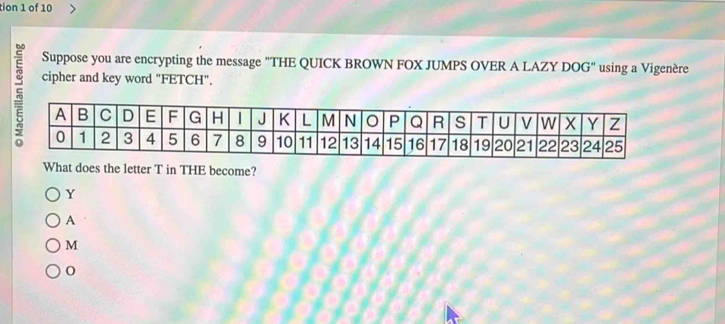 tion 1 of 10
Suppose you are encrypting the message "THE QUICK BROWN FOX JUMPS OVER A LAZY DOG" using a Vigenère
5 cipher and key word "FETCH".
What does the letter T in THE become?
Y
A
M