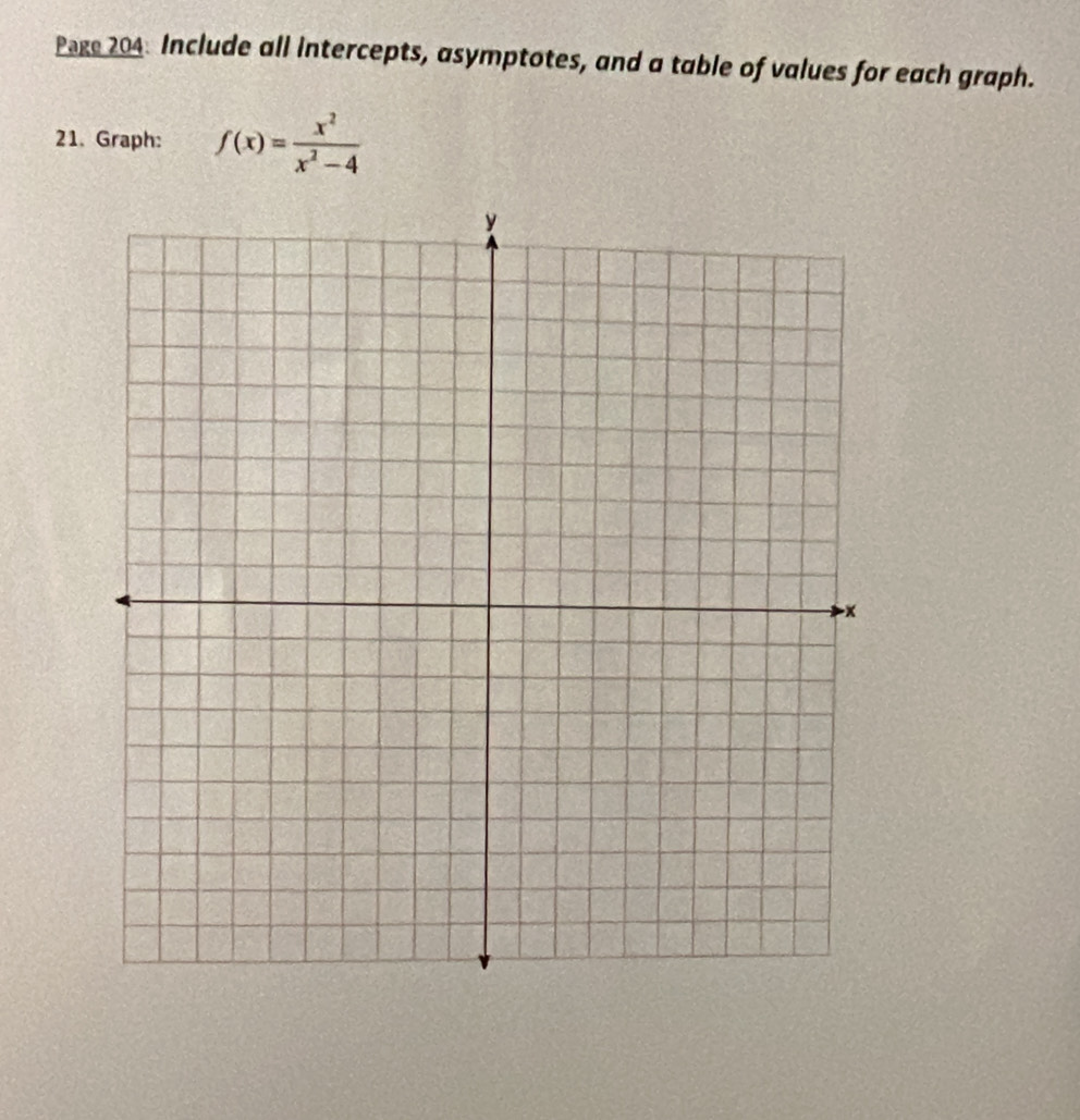 Page 204: Include all intercepts, asymptotes, and a table of values for each graph. 
21. Graph: f(x)= x^2/x^2-4 