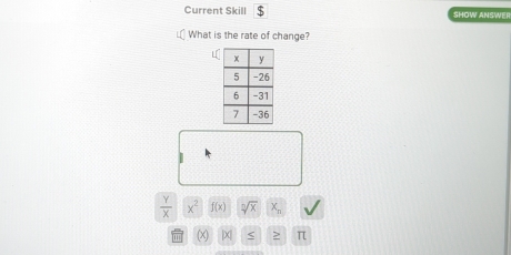 Current Skill $ SHOW ANSWER 
What is the rate of change? 
|
 Y/X  x^2 f(x) sqrt[n](x) x_n
(x) X < > π