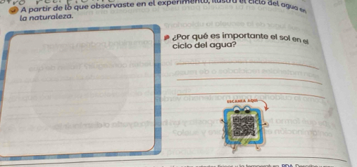 A partir de lo que observaste en el experimento , ilu s tra e l ciclo del agua e 
la naturaleza. 
¿Por qué es importante el sol en el 
ciclo del agua? 
_ 
_ 
_ 
ENC ANLA AQ