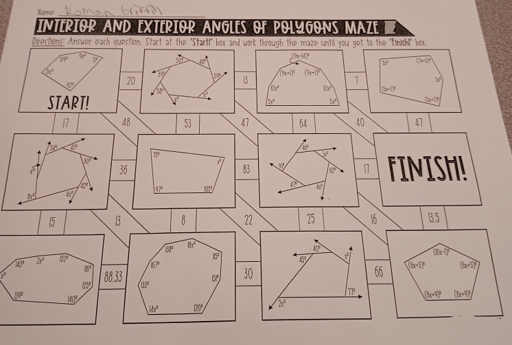 Name:
_
INTERIOR AND EXTERIOR ANGLES OF POLYGONS MAZE
x°