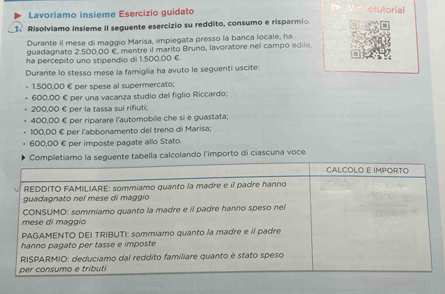 Lavoriamo insieme Esercizio guidato 
otutorial 
1. Risolviamo insieme il seguente esercizio su reddito, consumo e risparmio. 
Durante il mese di maggio Marisa, impiegata presso la banca locale, ha 
guadagnato 2.500,00 €, mentre il marito Bruno, lavoratore nel campo edile. 
ha percepito uno stipendio di 1.500,00 €. 
Durante lo stesso mese la famiglia ha avuto le seguenti uscite:
1.500,00 € per spese al supermercato;
600,00 € per una vacanza studio del figlio Riccardo;
200,00 € per la tassa sui rifiuti;
400,00 € per riparare l'automobile che si è guastata;
100,00 € per l’abbonamento del treno di Marisa;
600,00 € per imposte pagate allo Stato. 
abella calcolando l'importo di ciascuna voce.