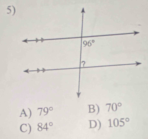 A) 79°
B) 70°
C) 84°
D) 105°