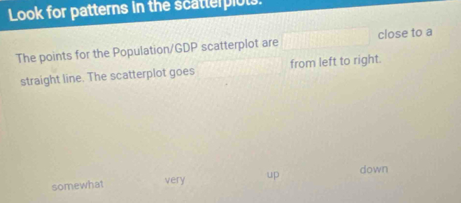 Look for patterns in the scatterpiols. 
The points for the Population/GDP scatterplot are [x] [4,2)(2+4)] □  close to a 
·s 
straight line. The scatterplot goes from left to right. 
down 
somewhat very up