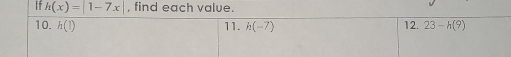 ifh(x)=|1-7x| , find each value.