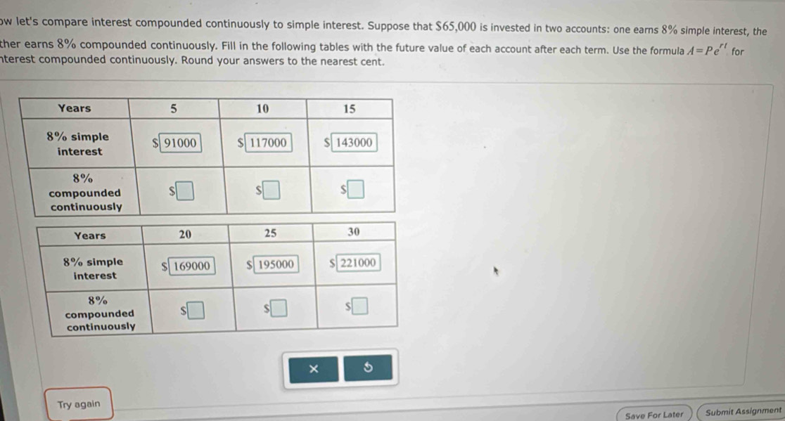 ow let's compare interest compounded continuously to simple interest. Suppose that $65,000 is invested in two accounts: one earns 8% simple interest, the
ther earns 8% compounded continuously. Fill in the following tables with the future value of each account after each term. Use the formula A=Pe^(rt) for
nterest compounded continuously. Round your answers to the nearest cent.
× 5
Try again
Save For Later Submit Assignment