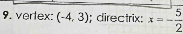 vertex: (-4,3); directrix: x=- 5/2 