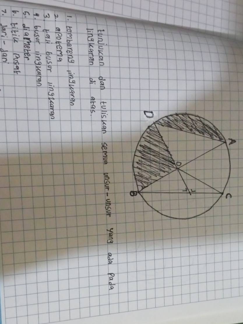 tunjuuan dan tuliskan semua unsur-unsur yang ada Pada 
lingkaran di atas. 
1. tembereng inguaran 
2. apotema 
3. tali busor lingicaran 
9. busur linguaran 
5. diameter 
6. kitic posat 
7. Jari - fari