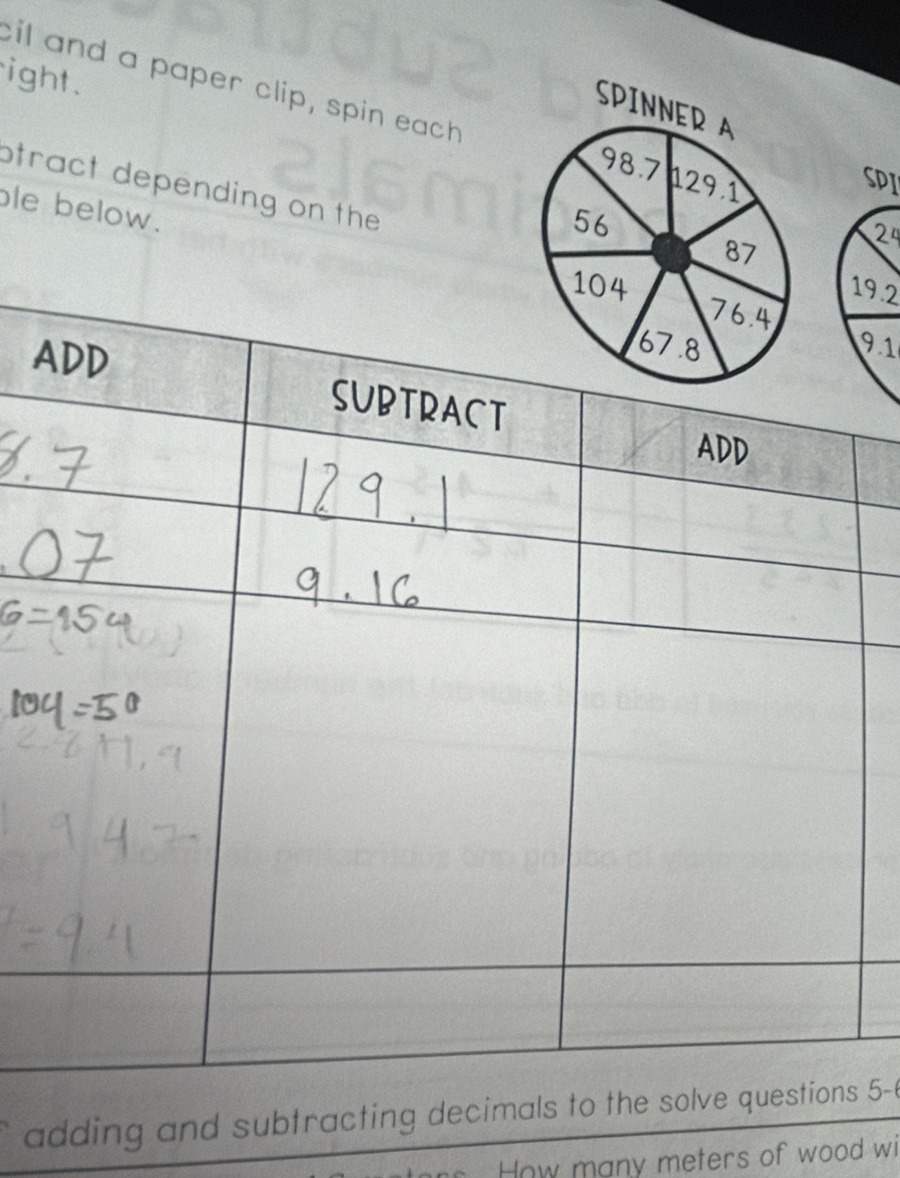 cil and a paper clip, spin each
ight、 
SPI
otract depending on the
24
le below.
19.2
A
9.1
adding and subtracting decimals to the so 5-6
How many meters of wood wi