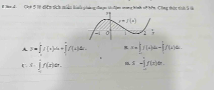 Cầu 4. Gọi S là điệm tích miễm hính phẳng được tổ địm trung hình về bên. Công thực tnh Slà
A. S=∈tlimits _(-a)^0f(x)dx+∈tlimits _a^((frac a)2)f(x)dx. S=∈tlimits _(-0)^1f(x)dx-∈tlimits _0^1f(x)dx.
B.
C. S=∈tlimits _(-1)^2f(x)dx. S=-∈tlimits _(-4)^2f(x)dx.
D.