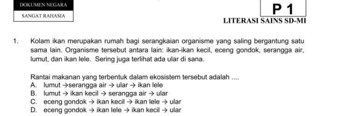 DÖKÜMEN NEGARA P 1
SANGAT RAHASIA LITERASI SAINS SD-MI
1. Kolam ikan merupakan rumah bagi serangkaian organisme yang saling bergantung satu
sama lain. Organisme tersebut antara lain: ikan-ikan kecil, eceng gondok, serangga air,
lumut, dan ikan lele. Sering juga terlihat ada ular di sana.
Rantai makanan yang terbentuk dalam ekosistem tersebut adalah ....
A. lumut →serangga air → ular → ikan lele
B. lumut → ikan kecil → serangga air → ular
C. eceng gondok → ikan kecil → ikan lele → ular
D. eceng gondok → ikan lele → ikan kecil → ular