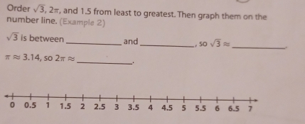 Order sqrt(3), 2π , and 1.5 from least to greatest. Then graph them on the 
number line. (Example 2)
sqrt(3) is between _and_ 50sqrt(3)approx
_
π approx 3.14, so2π approx _.