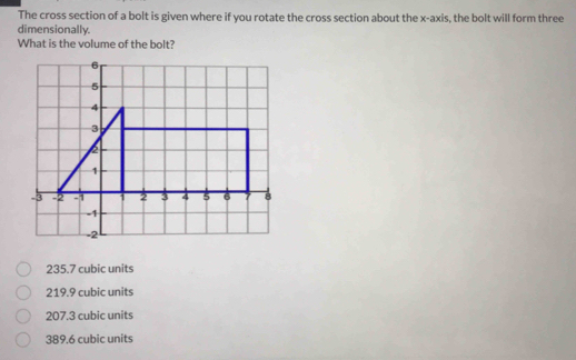 The cross section of a bolt is given where if you rotate the cross section about the x-axis, the bolt will form three
dimensionally.
What is the volume of the bolt?
6
5
4
3
2
1
-3 -2 -1 1 2 3 4 5 6 7 8
-1
-2
235.7 cubic units
219.9 cubic units
207.3 cubic units
389.6 cubic units