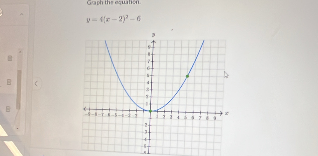 Graph the equation.
y=4(x-2)^2-6
6