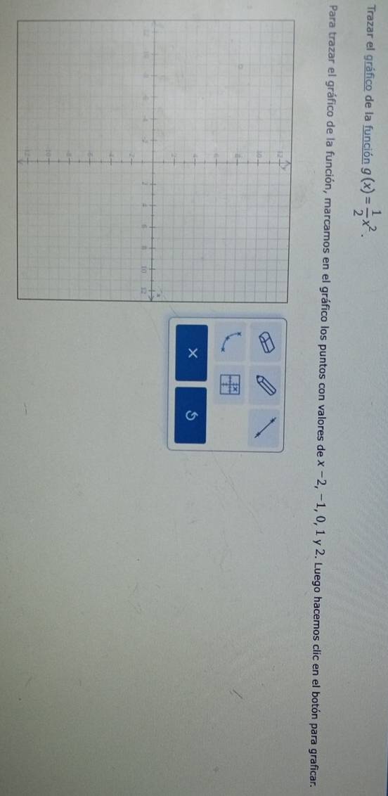 Trazar el gráfico de la función g(x)= 1/2 x^2. 
Para trazar el gráfico de la función, marcamos en el gráfico los puntos con valores de x-2, -1, 0, 1 y 2. Luego hacemos clic en el botón para graficar.
 x/1 
×