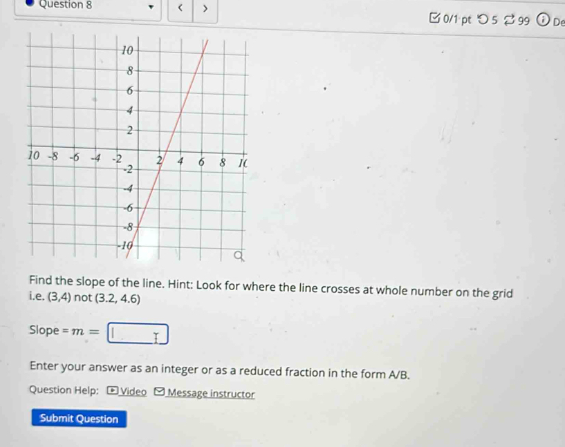 < > 
□ 0/1 pt つ 5 %99 ⓘDe 
Find the slope of the line. Hint: Look for where the line crosses at whole number on the grid 
i.e. (3,4) not (3.2,4.6)
Slope =m=□
Enter your answer as an integer or as a reduced fraction in the form A/B. 
Question Help: - Video - Message instructor 
Submit Question