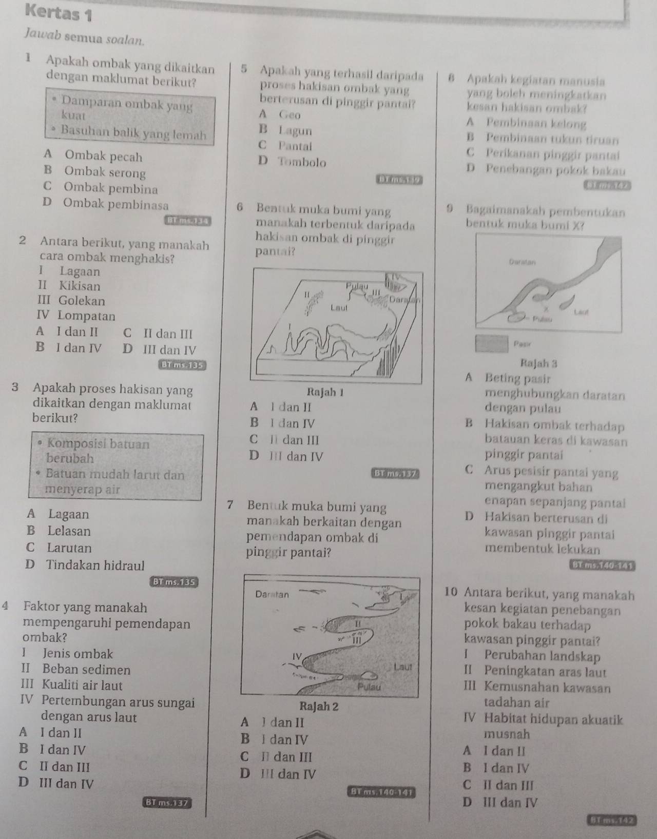 Kertas 1
Jawab semua soalan.
1 Apakah ombak yang dikaitkan 5 Apakah yang terhasil daripada 8 Apakah kegiatan manusia
dengan maklumat berikut? proses hakisan ombak yang yang bolsh meningkatkan
berterusan di pinggir pantai? kesan hakisan ombak?
Damparan ombak yang A Geo A Pembinsan kelong
kuat
B Lagun B Pembinaan tukun tiruan
Basuhan balik yang lemah C Pantai
C Perikanan pinggir pantai
A Ombak pecah D Tombolo D Penebangan pokok bakau
B Ombak serong B1 ms.139
C Ombak pembina
D Ombak pembinasa 6 Bentuk muka bumi yang 9 Bagaimanakah pembentukan
T me.134 manakah terbentuk daripada bentuk muka bumi X?
hakisan ombak di pinggir
2 Antara berikut, yang manakah pantai?
cara ombak menghakis?
I Lagaan
II Kikisan 
III Golekan
IV Lompatan
A I dan II C II dan III
B l dan IV D III dan IVPasir Rajah 3
BT ms 135
A Beting pasir
3 Apakah proses hakisan yang Rajah 1 menghubungkan daratan
dikaitkan dengan maklumat A l dan II
dengan pulau
berikut? B I dan IV
B Hakisan ombak terhadap
Komposisi batuan
C l dan III batauan keras di kawasan
berubah
D II dan IV pinggir pantai
Batuan mudah larut dan BT me. 137 C Arus pesisir pantai yang
mengangkut bahan
menyerap air enapan sepanjang pantal
7 Bentuk muka bumi yang D Hakisan berterusan di
A Lagaan manakah berkaitan dengan
B Lelasan
pemendapan ombak di
kawasan pinggir pantai
C Larutan pinggir pantai?
membentuk lekukan
D Tindakan hidraulBT ms 140:141
BT ms.13510 Antara berikut, yang manakah
4 Faktor yang manakahkesan kegiatan penebangan
mempengaruhi pemendapanpokok bakau terhadap
ombak?
kawasan pinggir pantai?
I Jenis ombak I Perubahan landskap
II Beban sedimen
II Peningkatan aras laut
III Kualiti air lautIII Kemusnahan kawasan
IV Pertembungan arus sungai
tadahan air
dengan arus laut A l dan II
IV Habitat hidupan akuatik
A I dan II musnah
B l dan IV
B I dan IV C Il dan III A I dan II
C II dan III B I dan IV
D I dan IV
D III dan IV BT ms.140-141 C II dan III
BT ms.137 D III dan IV
BTms.142