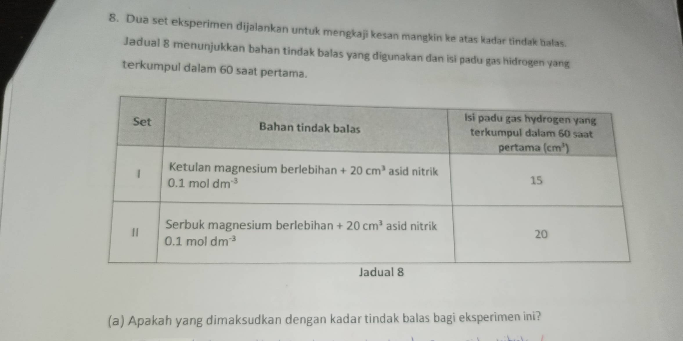 Dua set eksperimen dijalankan untuk mengkaji kesan mangkin ke atas kadar tindak balas.
Jadual 8 menunjukkan bahan tindak balas yang digunakan dan isi padu gas hidrogen yang
terkumpul dalam 60 saat pertama.
(a) Apakah yang dimaksudkan dengan kadar tindak balas bagi eksperimen ini?