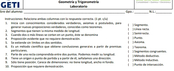 GETI Geometría y Trigonometría Contabilidad + Química + Electrónica
Laboratorio
bre del alumno: _Gpo.: _N.L.:_
Instrucciones: Relaciona ambas columnas con la respuesta correcta. (1 pt. c/u)
1. Inicia con conocimientos considerados verdaderos, axiomas o postulados, para  ) Segmento.
generar nuevas proposiciones verdaderas, conocidas como teoremas.  ) Línea recta.
2. Segmentos que tienen la misma medida de longitud.
3. Cuando dos o más líneas se cortan en un punto, éste se denomina ) Punto. ) Semirrecta.
4. Proposición evidente que no requiere demostración.
C

5. Se extiende sin limites en dos sentidos. ) Axioma.
6. Es un método científico que obtiene conclusiones generales a partir de premisas ) Teorema.
particulares.

7. Parte de una recta comprendida entre dos puntos. Podemos medir su longitud. ) Segmentos congruentes.
8. Tiene un origen o punto de partida y a partir de él, señalamos una dirección. ) Método deductivo.
9. Sólo tiene posición. Carece de dimensiones: no tiene longitud, ancho ni fondo.  ) Punto de intersección. ) Método Inductivo.
10. Proposición que requiere demostración.
