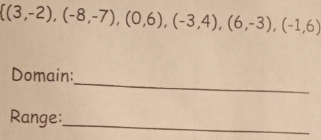  (3,-2),(-8,-7),(0,6),(-3,4),(6,-3),(-1,6)
_ 
Domain: 
Range: 
_